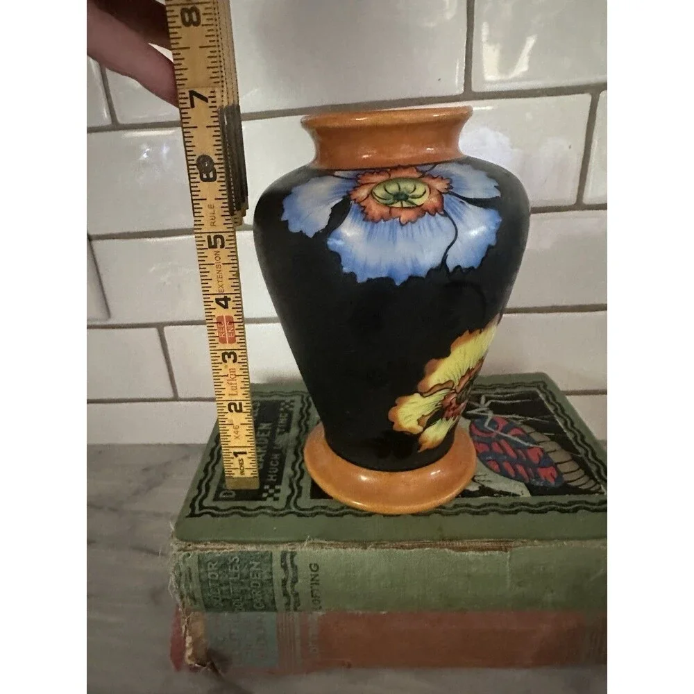 Orange Blue Red Poppy Black Flora Vase Japan Hand Painted 6.5”